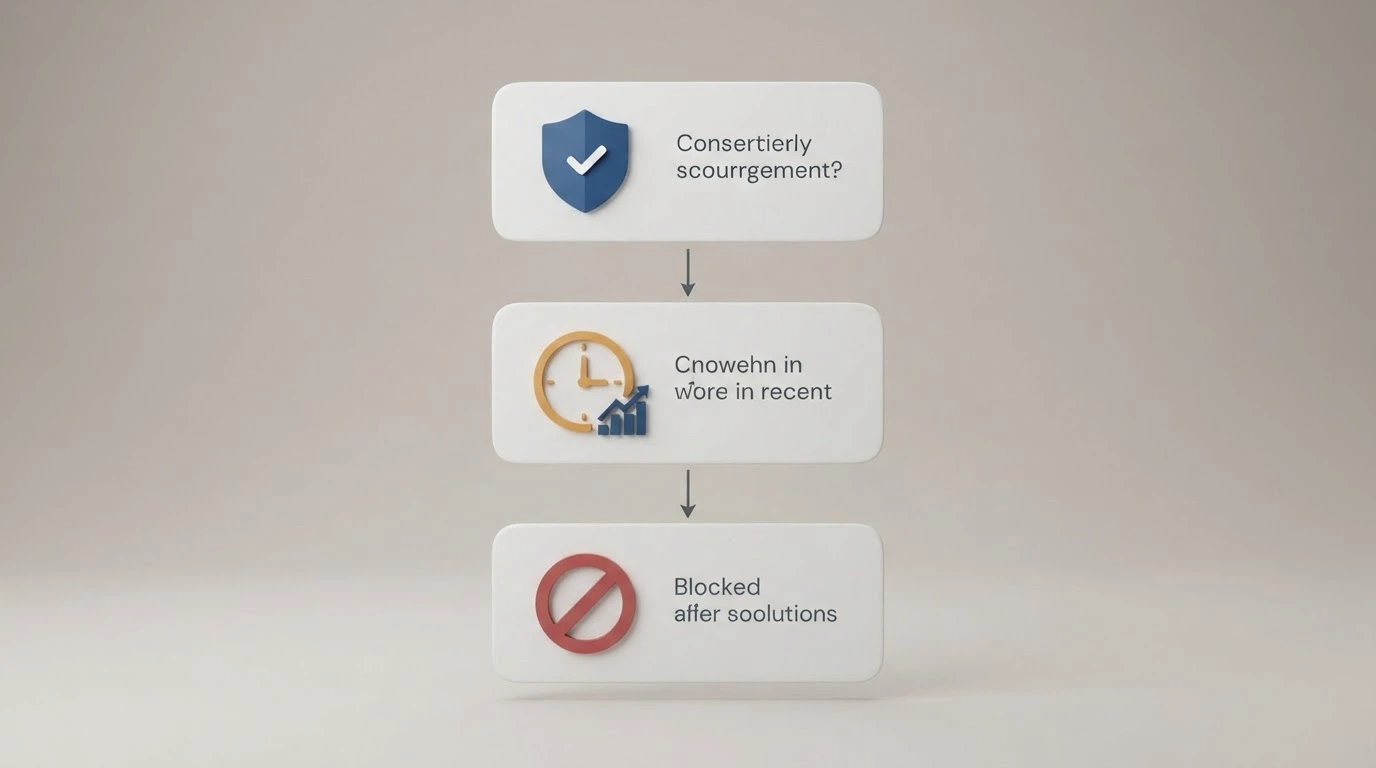 A simple three-question decision flowchart: verify licence → calculate clearance time → accept no AU protection