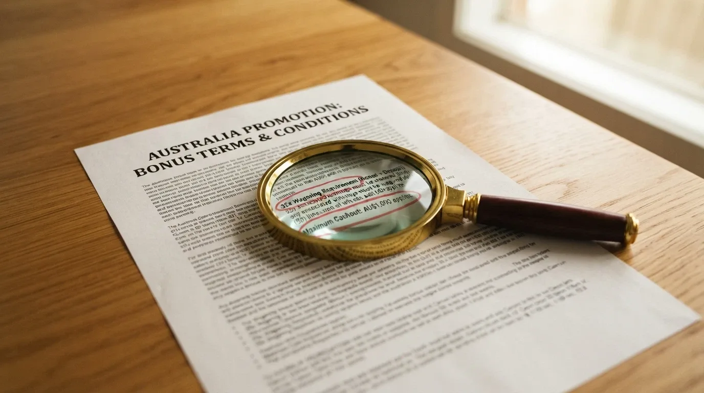 A magnifying glass over casino bonus terms and conditions, with wagering-requirement and max-cashout clauses circled in red