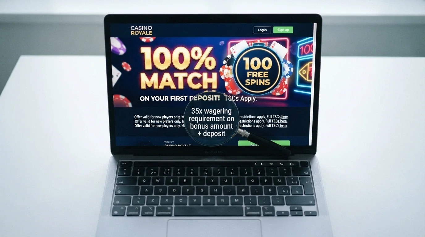 A welcome-offer banner showing a match percentage and free-spins badge, with a magnifying glass highlighting the wagering-requirement fine print