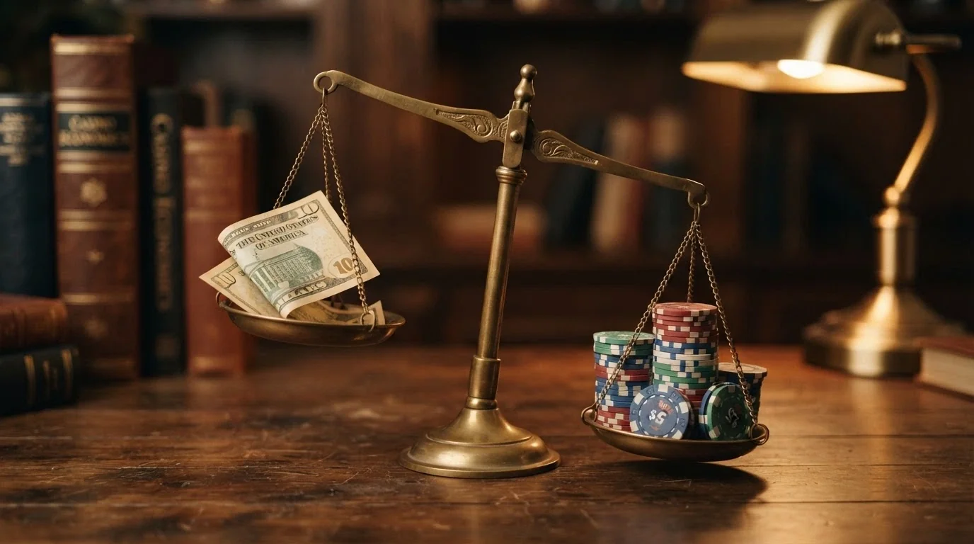 A balance scale with a small $10 note on one side and a stack of bills labelled $50–$200 on the other, tilted heavily
